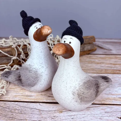 2er-Set Deko Möwe Hinnerk 15cm aus Keramik mit Pudelmütze maritime Figur