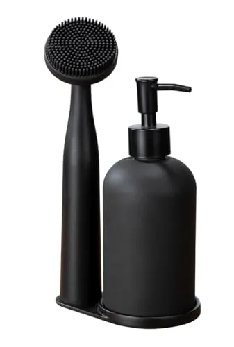 WENKO Spülen Mod. Piedo 3-TLG. Spül-Set mit nachfüllbarem Spülmittelspender 400 ml aus Glas Spülbürste aus Kunststoff & Halterung aus Polyresin geeignet für Küche & Abwasch Maße 12,5x9x25 cm Schwarz