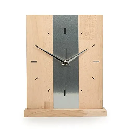 Kreative Feder Designer-STANDUHR Silver Stripe aus MASSIVHOLZ 27x20cm – analoge TISCHUHR ohne Tickgeräusche (Funkuhrwerk, Buche)