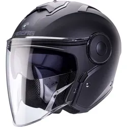 Caberg Soho Jethelm matt-schwarz XL - Motorradhelm mit kratzfestem Visier und integrierter Sonnenblende, ideal für Stadtverkehr und längere Touren. Ergonomisch geformte Wangenpolster ermöglichen das Tragen einer Brille.