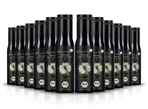 BIOLAVIVA Schwarzkümmelöl – kaltgepresst, ungefiltert, 12 x 100ml - Hochwertiges, naturreines Schwarzkümmelöl aus ägyptischen Samen. Schonend kaltgepresst und im lichtschützenden Miron-Glas abgefüllt für optimale Qualität und Geschmack.