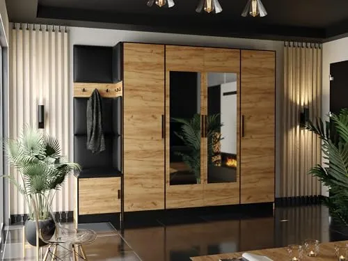 KIER FURNITURE Kleiderschrank Mit Gepolstertem Sitz Und Paneelen – Gardarobenstaender – Sitzbank Garderobe – Flurgarderobe Schmal – Farbe Craft Eiche Gold + Ecoscreen Schwarz – 259,6x205x39 cm