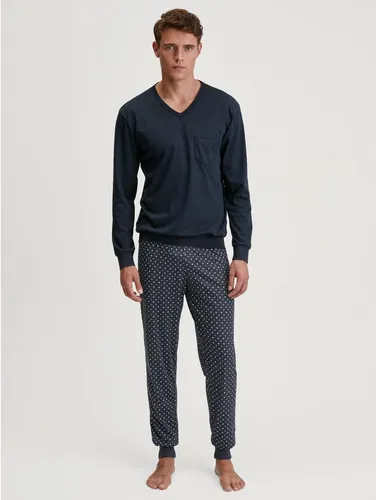 CALIDA Relax Streamline Bündchen-Pyjama Herren - Schlafanzug für Herren, Comfort Fit aus 100% Baumwolle mit V-Neck und bequemen stoffbezogenem Gummibund für höchsten Tragekomfort.