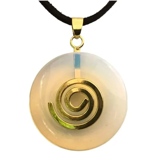 Steinfixx® - Premium Opalglas Donut optional als Kette mit Silber- oder Goldanhänger und 80cm Lederband | Heilstein | Edelstein | Chakra-Stein (Donut mit Silberspirale)