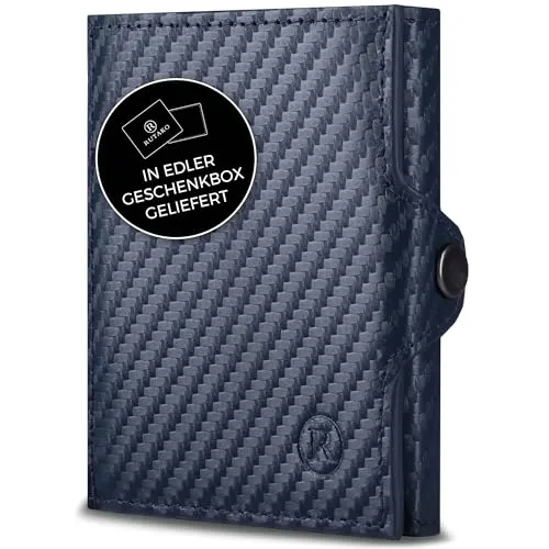 RUTAKO Slim Wallet mit Münzfach & RFID-Schutz - Kartenetui Herren & Damen - Kreditkartenetui klein - Mini Geldbörse - Portmonee Portemonnaie klein - Geldbeutel Carbon-Blau