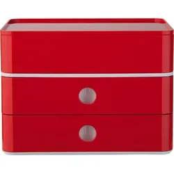 HAN Schubladenbox Allison SMART-BOX plus mit 2 Schubladen - Schreibtischorganisationsboxen, stylisches Design in hochglänzendem cherry red, inklusive abnehmbarem Organizer und Kabelhalter für optimale Ordnung und griffbereite Utensilien.