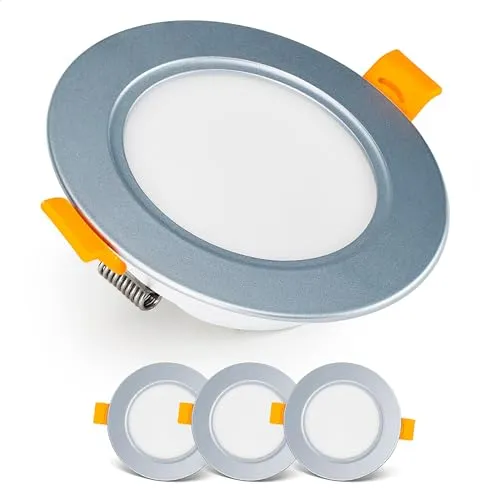 EMOS Exklusiver Einbaustrahler LED Spots 230V, 5W, 500lm, 3000K Warmweiß | Set Mit 3 Downlight Spots Für Badezimmer, Wasserdicht IP54 | Einbaustrahler 230V, Rund Ø 95mm, Ultra Flach, Silber