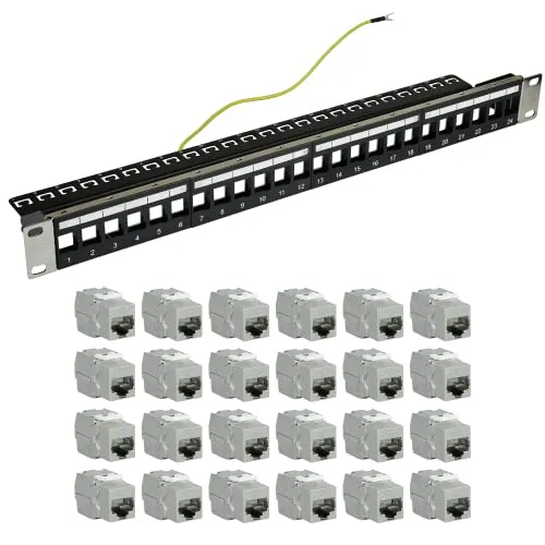 AIXONTEC 24 Port 19 Zoll 1 HE Patchpanel Patchfeld als Set 24x RJ45 Keystone Module Cat.6A Werkzeuglos Buchse Ethernet LAN Verbinder für Cat.7 Cat.6 Schwarz Kabelmanagement Netzwerkabel LAN Kabel