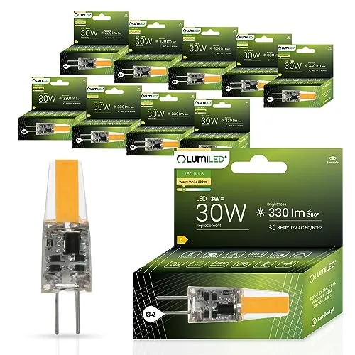 Lumiled LED Lampen G4 10er Set Leuchtmittel 3W (ersetzt 30W Glühlampe) 3000K Warmweiß 330lm 360° Lichtwinkel 12V AC/DC Mini Glühbirnen kleine Birne Energiesparende kein Flackern COB