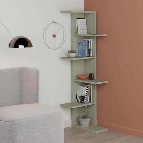 Hocuspicus Eckbücherregal aus Holz | Modernes 5-Ebenen Bücherregal in Aschegrün