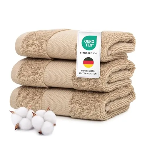 Wolkenfeld Gästehandtuch Set 3-teilig Premium - 100% Low Twist Baumwolle 550 g/m² - Ultra Weich & Saugfähig, Oeko-TEX Zertifiziert - 3 Gästehandtücher 30x50 cm, Handtücher Set, Beige