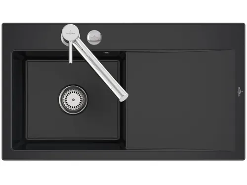 Villeroy & Boch Einbauspüle Subway Style 50 Pure Black - Elegante Keramikspüle mit Excenterbetätigung für komfortable Abfallkontrolle, ideal für Unterschränke ab 50 cm Breite. Hochwertiges Pure Black-Finish bringt Stil in jede Küche.