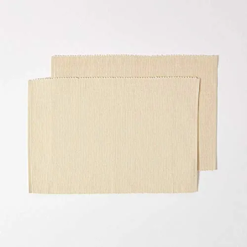HOMESCAPES 2er-Set Tischsets Creme aus 100% Baumwolle gerippt, Platzsets rechteckig aus Stoff, waschbare Platzdeckchen