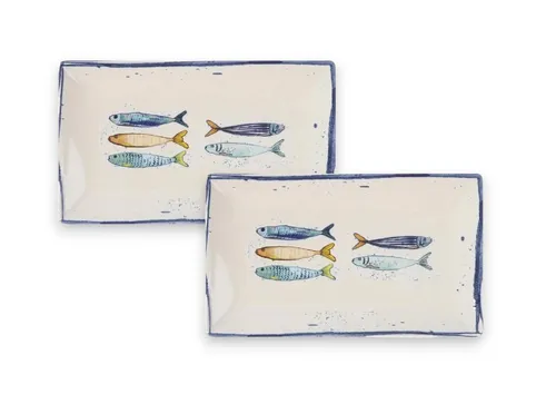 WestCraft Speiseteller mit Sardinen-Motiv, 25×15 cm, 2er Set - Speiseteller im maritimen Design, ideal für Tapas und Beilagen. Hochwertiges Steinzeug, spülmaschinen- und mikrowellengeeignet, langlebig und vielseitig einsetzbar.