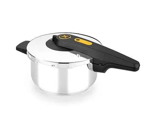 BRA Excellent | 4-Liter-Schnellkochtopf mit einfachem Öffnen, aus Edelstahl 18/10, mit 2 Kochprogrammen und Öffnungssperrsystem, geeignet für alle Arten von Küchen