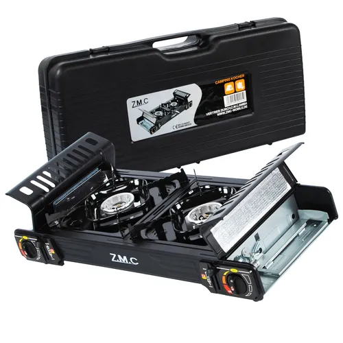 PREMIUM Campingkocher 2-flammig mit Grillplatte und Gaskartuschen - Gaskocher für Outdoor-Abenteuer, tragbar und mit Automatikzündung für einfaches Kochen unterwegs. Ideal für Camping, Backpacking und mehr.