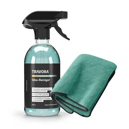 TRAVORA Premium Glasreiniger für Auto & Camper inkl. 3 Microfasertücher - Erlebe streifenfreie Reinigung mit dem TRAVORA Premium Glasreiniger. Biologisch abbaubar und effektiv gegen Schmutz, ideal für Windschutzscheiben und Fenster. Inklusive 3 hochwertigen Microfasertüchern für eine einfache Anwendung.