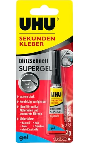 UHU Sekundenkleber Gel ohne Lösungsmittel | 3g Kleber geruchsfrei | Sekundenkleber extra stark für Kunststoff, Metall, Holz, Porzellankleber | Superkleber | Tube und Verschluss recycelt