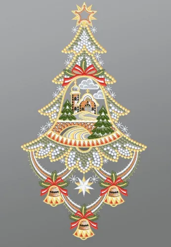 Plauener Spitze® Fensterbild Weihnachtsbaum mit Kirche 39x20cm - Festliches Fensterbild aus Plauener Spitze® mit zauberhaftem Weihnachtsbaum und Glocken. Ideal für eine gemütliche Atmosphäre in der Weihnachtszeit.