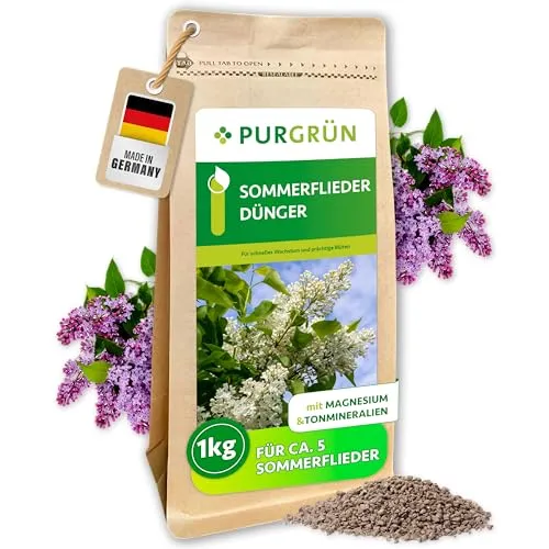 Purgrün Sommerflieder Dünger, NPK 9+4+8, 1 kg Granulat - Pflanzendünger für Sommerflieder – Extra Magnesium und Kalium fördern schnelles Wachstum und prächtige Blüten. Ideal für gesunde, kräftige Sträucher.