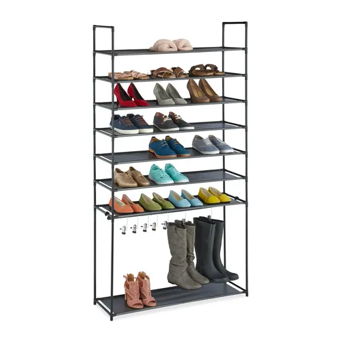 Relaxdays Schuhregal mit Stiefelfach, Schwarz - Schuhregal mit 8 Ebenen und Platz für ca. 32 Paar Schuhe, inklusive hohem Fach für Stiefel mit 7 Haken. Ideal für Flur oder Treppenhaus, stabil und schnell aufzubauen.