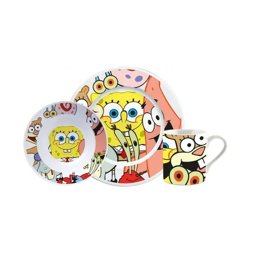 United Labels Spongebob Schwammkopf Frühstücksset für Kinder - Kindergeschirrset mit Spongebob-Motiv, 3-teilig aus hochwertigem Porzellan, spülmaschinen- und mikrowellengeeignet – ideal für kleine Spongebob-Fans!