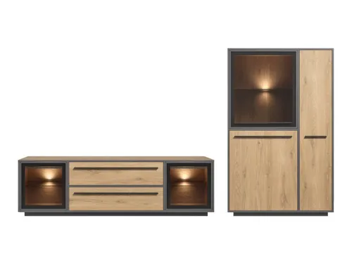 moebel-dich-auf Wohnwand Nardo in Wildeiche mit LED-Beleuchtung - Moderne Wohnwand in Wildeiche-Nachbildung, vielseitig kombinierbar mit Softclose-Funktion. Edle Details und hochwertige Braunglasflächen schaffen eine stilvolle Atmosphäre.