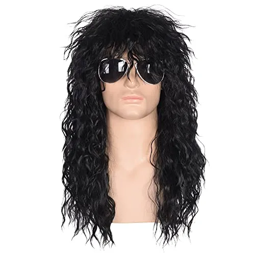 Morvally Herren 80er Jahre Stil Lange Schwarz Locken Haar Perücke Glam Rock-Rocker Perfekt für Halloween Cosplay DIY Motto Party