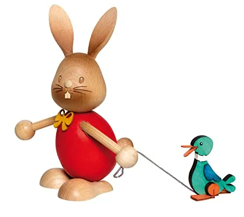 Stupsi Hase mit Ente - Erzgebirgische Holzkunst, handgefertigte Figur aus dem Jahr 2022, Höhe 12 cm - ideal als dekoratives Geschenk oder Sammlerstück.