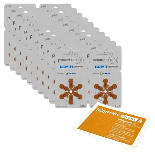 120x Power One P312 VARTA braun Hörgerätebatterien (20x6er Bl.)+Reinigungstuch