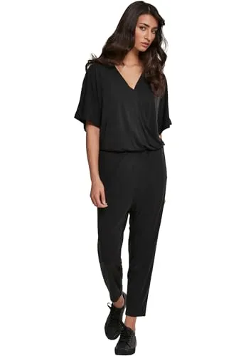 Urban Classics Damen Jumpsuit Schwarz, V-Ausschnitt & 3/4 Capri-Länge - Stylisher Einteiler für Damen mit lässigem V-Ausschnitt und wrapped Optik. Gummiband an der Hüfte für perfekten Halt – ideal für trendbewusste Looks.