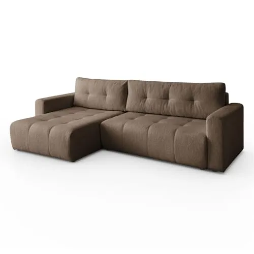 Margaret Hadas24 Ecksofa L-Form Viola 261 x 143 cm mit Schlaffunktion, Bettkasten, modernes Sofa, Schlafsofa, Schlafcouch, Lammfelloptik, Bequeme Wohnlandschaft, Stauraum, universale Seite (braun)