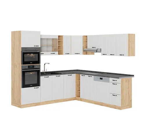 Vicco Winkelküche R-Line, Weiß Landhaus / Goldkraft Eiche - Moderne L-Form Küchenzeile mit höhenverstellbaren Füßen, anpassbar und ideal für kleine Räume. Genießen Sie Kochen und Backen in Ihrer neuen Traumküche!