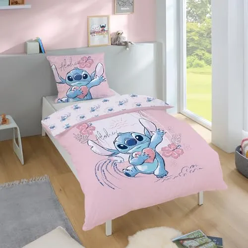 Familando Lilo und Stitch Bettwäsche Set für Mädchen 135x200 cm - Bettwäsche-Set aus 100% Baumwolle in Rosa mit Stitch-Motiv, ideal für Kinderzimmer. Mit Reißverschluss und maschinenwaschbar bis 60°C - perfekt für kleine Stitch-Fans!