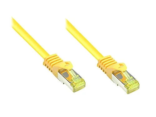 Kabelmeister® RJ45 Patchkabel mit Cat. 7 Rohkabel und Rastnasenschutz (RNS®), S/FTP, PiMF, halogenfrei, 500MHz, OFC, gelb, 20m