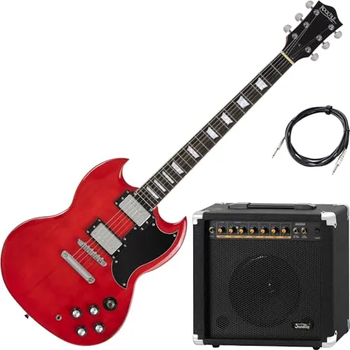 Rocktile E-Gitarre Pro S-Red Set - Perfekt für Profis & Anfänger - E-Gitarre Set mit Lindenholz Korpus und Ahorn Hals, inkl. Gitarrenverstärker mit Reverb für individuellen Sound und flexiblen Instrumentenkabel für optimale Performance.