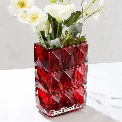 20cm Kristallglas Vase, Verdickte klare Glas Blumenvase, große große quadratische Vase Dekorative Vasen Blumen Moderne Bauernhaus Mittelstück, Home Room Dekor (Rot)