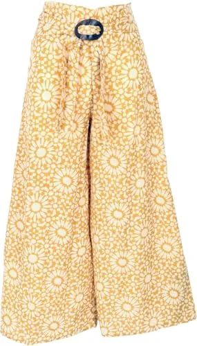 GURU SHOP Boho Palazzohose mit Kokosschnalle - Kurkuma, Damen, Size:S - Luftige Sommerhose aus hochwertiger Baumwolle mit breitem Bund und weitem Bein. Ideal für heiße Tage, bietet sie hohen Tragekomfort und einen einzigartigen Look durch den handbedruckten Stoff und die stilvolle Kokosschnalle.