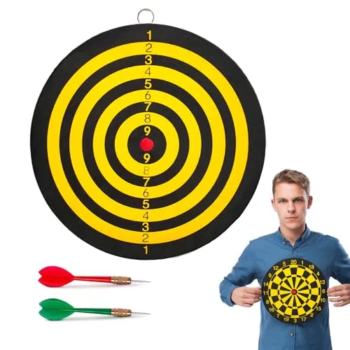 BullTek Dartspiel Dartscheibe klein 22,5 cm Zielschießen doppelseitige Rückwand für Erwachsene und Kinder mit 2 Stahlpfeilen Dartboard Gelb Schwarz Rund Haus zum Aufhängen an der Wand, Bers225