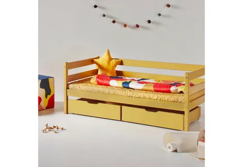 HOPPEKIDS ECO Comfort Kinderbett, Kiefer Massivholz, gelb - Skandinavisches Kinderbett aus massivem Kiefernholz, zertifiziert mit dem Nordischen Umweltzeichen für höchste Sicherheit und Nachhaltigkeit. Inkl. Rollrost, ideal für ein sicheres Schlafumfeld.