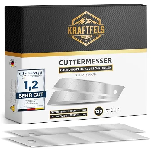 KRAFTFELS 120x Cuttermesser Klingen 18mm SK5 - Teppichmesser Klingen Cuttermesser aus hochwertigem Carbonstahl - Gehärtet & ultra scharf - Abbrechklingen 18mm für Cutter Messer - Ersatzklingen Cutter