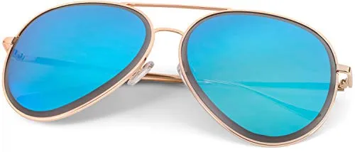styleBREAKER Unisex Piloten Sonnenbrille mit geschliffenem Rand, verspiegelten Polycarbonat Gläsern und Metall Gestell, Piloten-Brille 09020102, Farbe:Gestell Gold/Glas Blau verspiegelt