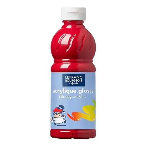 Lefranc Bourgeois 188296 Glossy Kinder - Acrylfarbe, gebrauchsfertige flüssige Acrylfarbe, glänzend und wasserfest, Ideal auf Papier, Karton, Holz, Gips, Metall, Plastik, 500ml Flasche - Primärrot
