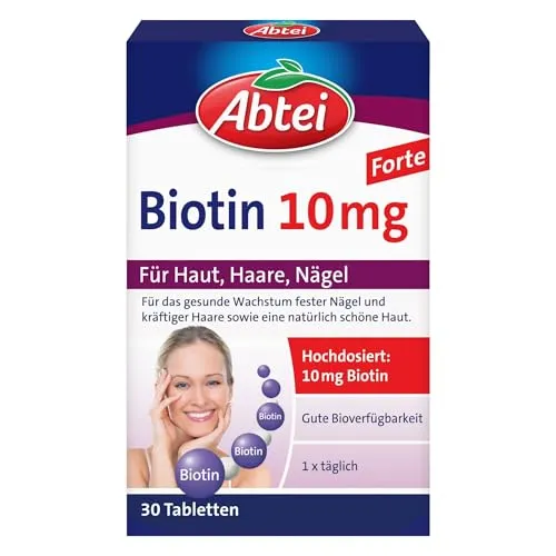 Abtei Biotin 10 mg Forte - Für Haut, Haare und Nägel - Mit 10 mg Biotin - hochdosiert, glutenfrei, für Vegetariert geeignet - 30 Tabletten