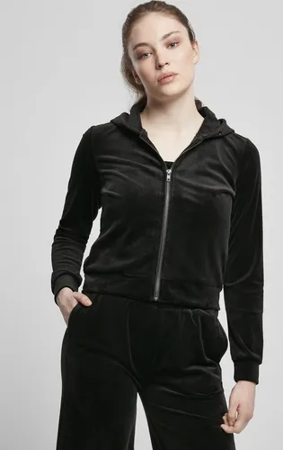 URBAN CLASSICS Damen Kapuzenpullover Short Velvet Zip Hoody Schwarz - Stylischer Damen Hoodie mit kurzem Schnitt und praktischem Reißverschluss. Hergestellt aus weichem Material für hohen Tragekomfort. Ideal für Freizeit und sportliche Aktivitäten.
