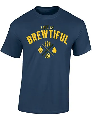 Bier T-Shirt : Life is Brewtiful - Geschenk für Bierliebhaber - Geschenke für Männer - Bier-Trinker - Craft-Beer - Oktoberfest - Brauer-Ei - Lustig - Fun - JGA - Saufen - Trinken, Denim Blau, L