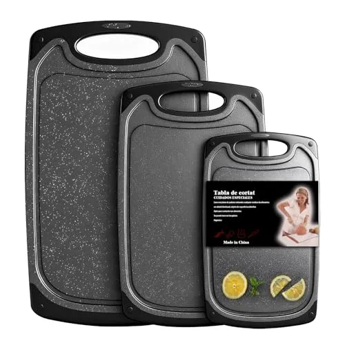 Homshsjhkis 3 Pcs Schneidebrett Kunststoff, Cutting Board mit 3 Größen, Schneidebretter mit Saftrillen und Rutschfeste Griffe, Professionelles Schneidbrett, BPA-Free, Spülmaschinenfest Küchenbrett