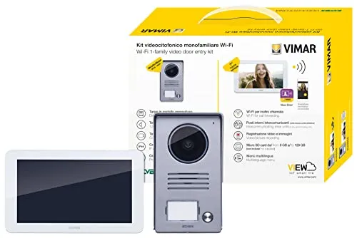 Vimar K40945 Videosprechenalagen-Set enthält Freisprech-Touchscreen-Videohaustelefon LCD 7in und WLAN-Verbindung 1-Taste Klingeltableau Netzgerät 24V mit austauschbaren Steckern EU BS US AU, 1 Familie