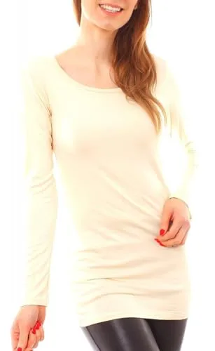 Easy Young Fashion - Damen Basic Langarmshirt - Rundhals Longshirt - Unterziehshirt Skinny Fit 1098A - Vanille Hellgelb S/M