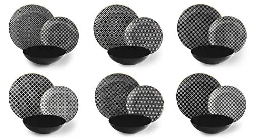 Excelsa Geschirrset 18-teilig Monochrome Porzellan - Elegantes 18-teiliges Geschirrset aus hochwertigem Porzellan und Steinzeug, verziert mit schwarz-weißen Streifen und einem zarten Goldrand – perfekt für stilvolle Mahlzeiten.